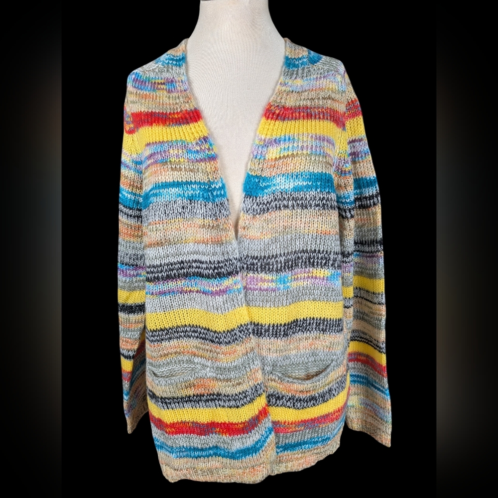 Colorful Rainbow Striped Women's Knit Cardigan With Front Pockets